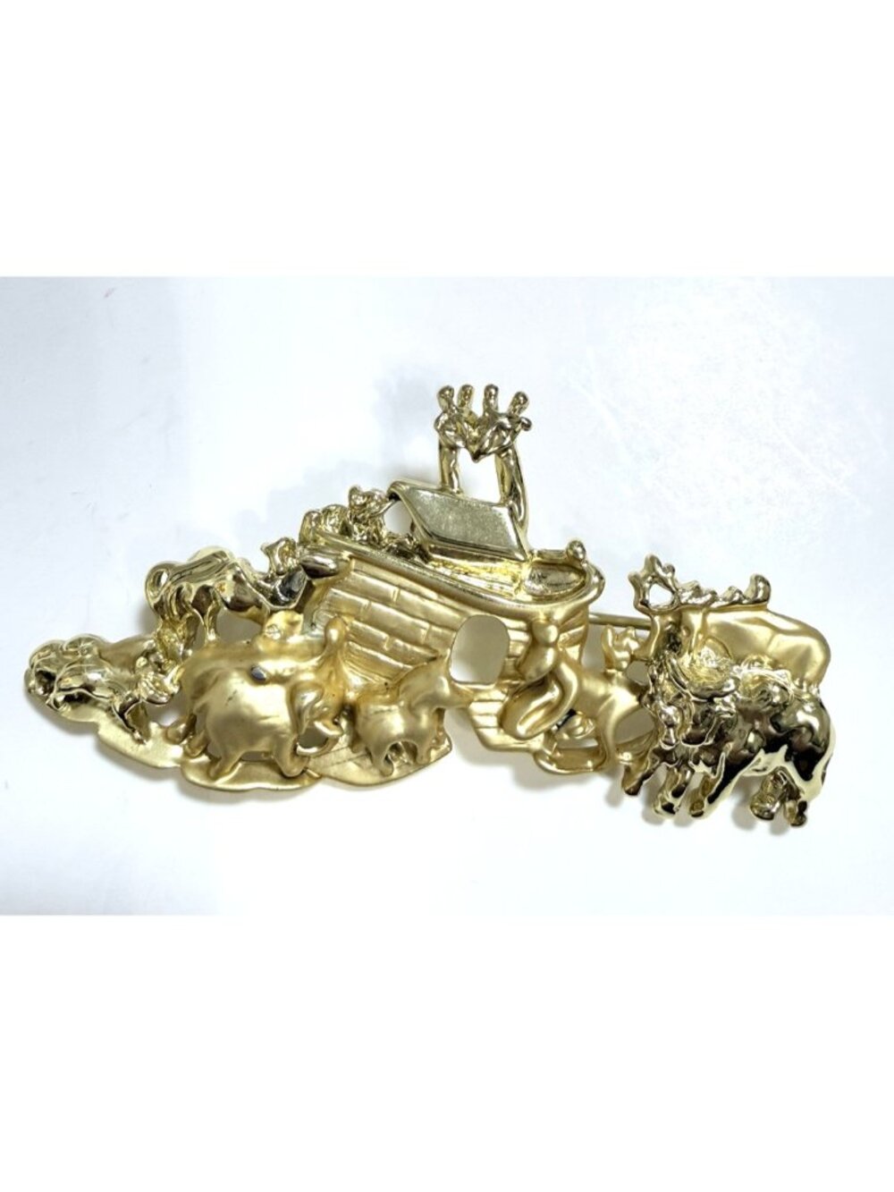 Vintage Noah's Ark Brooch Animals Gold Tone  Noahs Boat Biblical Pin Signed AJC